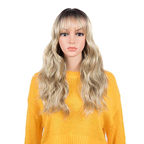 NOBLE Synthetic HD Lace Wigs with Bangs 20 inches Synthetic Natural Wavy Wigs with Air Bangs Ombre Brown Blonde Color