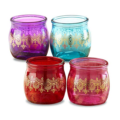 Kate Aspen Indian Jewel Henna Tea Light Holder, Assorted Set of 4 Keychain, One Size, Red, Purple, Teal with gold