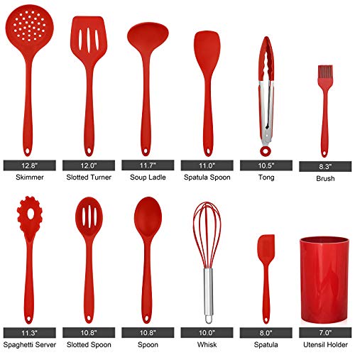 Image of LIANYU 12-Piece Red Silicone Kitchen Cooking Utensils with Holder, Kitchen Tools Set Include Slotted Spatula Spoon Turner Ladle Tong Whisk, Dishwasher Safe