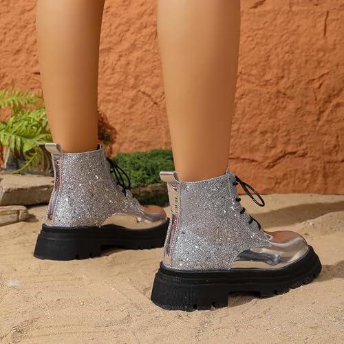 Generisch Damen Stiefeletten Plateau Schnürstiefel Disco Pailletten Chunky Boots Vintage Party Stiefeletten mit Runder Kappe & Stabler Sohle, Alltag Herbst Winter Gothic Boots Karneval Kostüm