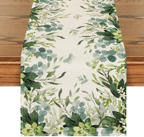 Fall Table Runner With Eucalyptus Leaves - 13x72 Inch Autumn Kitchen Dining Decor
