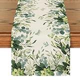 Artoid Mode Green Flowers Floral Eucalyptus Summer Table Runner, Seasonal Spring Kitchen Dining Table Decoration for Home Party Decor 13x72 Inch