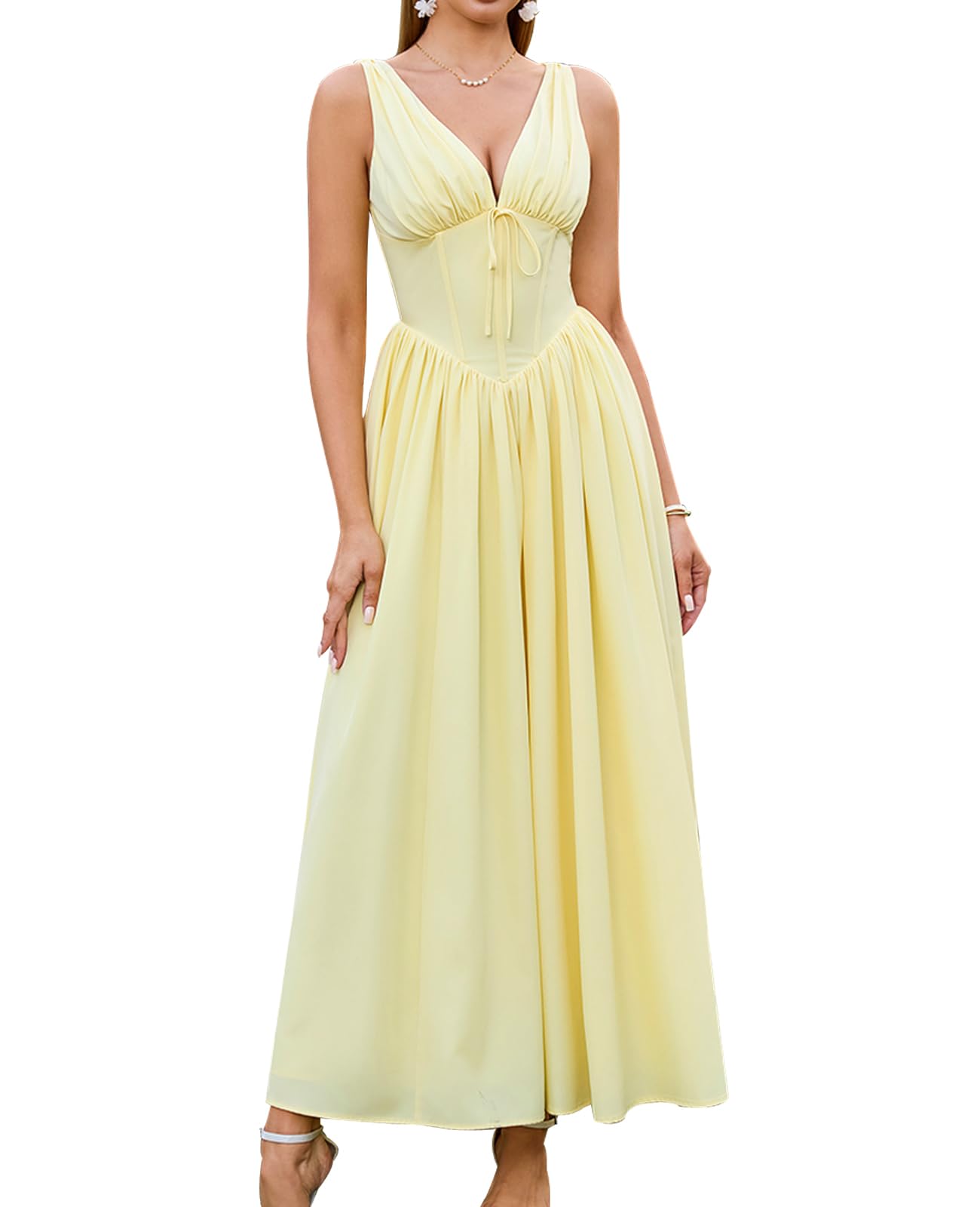 GLNEGE Women's Summer Corset Midi Milkmaid Dress Casual V Neck Flowy A Line Sundress Wedding Guest Dresses with Pockets 2026 Large Yellow