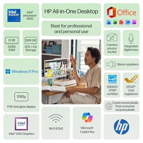Image of HP 21.5 inch FHD All-in-One Desktop Computer PC 2026 Flagship, 8GB RAM, 628GB Storage (128GB UFS + 500GB Ext), Intel Processor N100, Webcam, WiFi 6, HubxcelAccessory, Win 11 Pro, Lifetime Office 2024