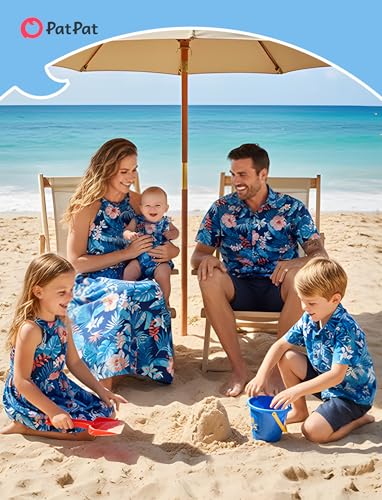 Image of PATPAT Family Hawaiian Matching Outfits - Mommy and Me Vacation Outfits | Halter Sundresses and Button Down Shirts,Caribbean Vacation Summer Tropical Outfits,Hawaiian Boho Tropical Floral Printed