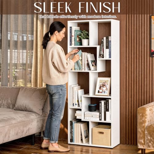 Image of ABOUT SPACE Book Shelf for Home - 8 Shelves, Modern Engineered Wood Book Rack for Study Room, Book Organizer Stand for Library, Bedroom, Living Room, Office (L 60 x B 24 x H 161cm -White)