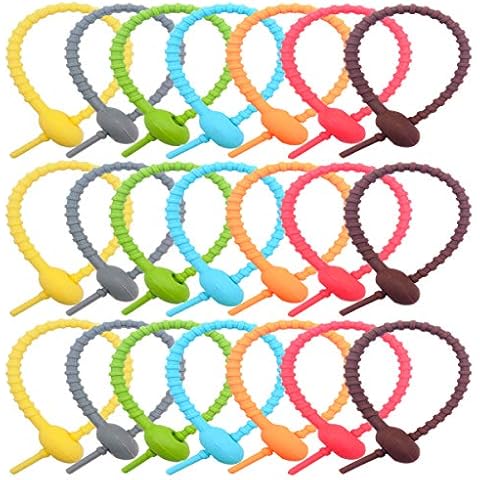 AYWFEY 21 Pcs Colorful Silicone Ties Bag Clip, Reusable Zip Ties for Cord&Cable, Multi Purpose Silicone Ties, Rubber Twist Ties, Food Sealing Ties, Cable Straps Cord Organizer, Household Snake Straps Cover