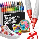 ARTISTRO 24 Acrylic Paint Pens - Dual Tip Brush + Fine Ideal for Calligraphy - Acrylic Paint Markers for Fabric, Rock, Glass, Wood, DIY - Art Supplies, Stocking Stuffers, Christmas Gift Idea