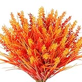 N&T NIETING Flores artificiales de otoño para decoración al aire libre, 10 piezas de hierba falsa con flores, plantas de otoño falsas resistentes a los rayos UV para jardín, ventana, porche, balcón,