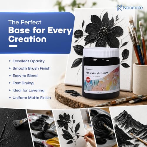 Image of Neomate Acrylic Colour Black 300ml | Art & Craft, DIY, Rich Pigment, Non-Craking Paint for Canvas, Wood, Leather, Earthenware, Metal | Ideal for school projects, Hobbyists, Artists