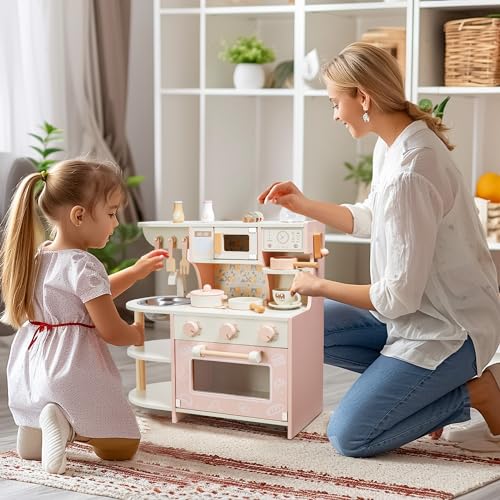 Kleinkind-Spielküche, Holzspielzeug, Kinderküchen-Spielset mit Kaffeemaschine, Spielfutter, Küchenzubehör, Kochset, Geschenk für Mädchen und Jungen, Alter 3, 4, 5, 6 Jahre