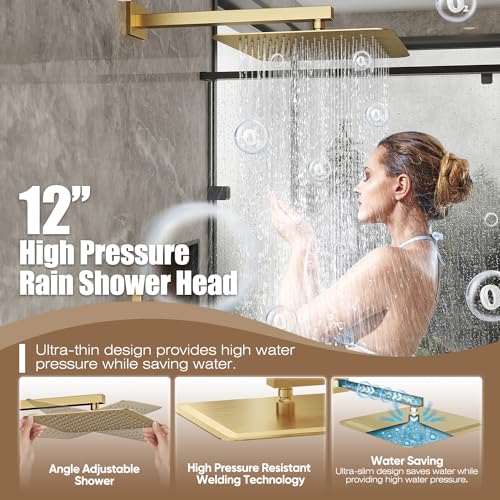 Image of Gabrylly Shower System Gold, High Pressure 12 inch Rainfall Shower heads with Handheld Spray Combo, Modern Bathroom Shower Fixtures, Complete Shower Faucet Set with Valve and Diverter, Brushed Gold