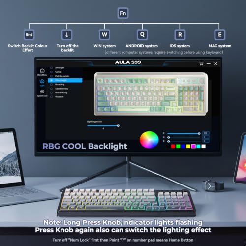 Image of AULA Keyboard Gaming Wireless Creamy Computer Keyboards with Number Pad | Side-printed Light Transmission Letters Keyboard,99 Keys,RGB Backlit,Tri-Mode BT /2.4GHz /USB-C Connection,Gradient Grey