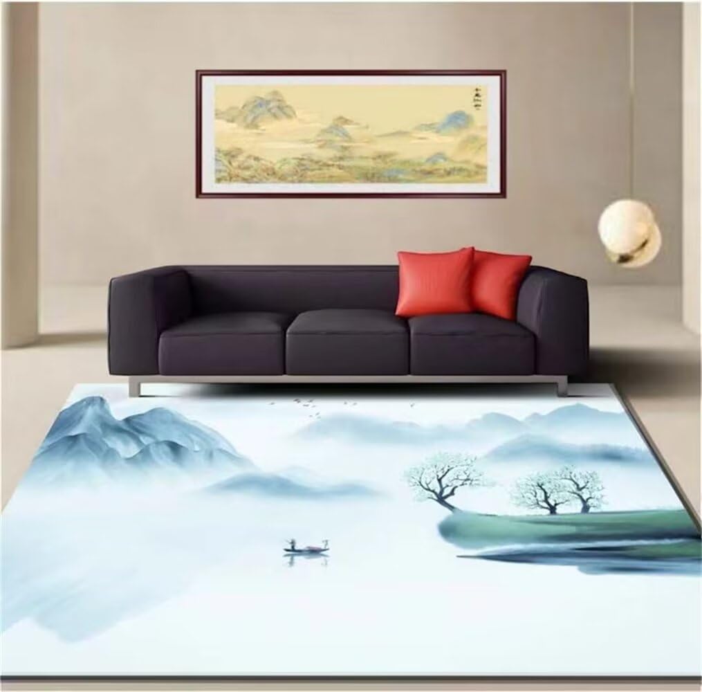 Tapis de salon bleu paysage oriental pour créer un coin lecture élégant et zen