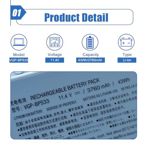 Image of VGP-BPS33 Laptop Battery Compatible with Sony Vaio Svt-14 Svt-15 T14 T15 Touchscreen Ultrabooks VAIO SVT14126CXS SVT14127CGS SVT14128CC SVT14127CG SVT14127CH Vaio SVT141A11L 11.4V 43Wh