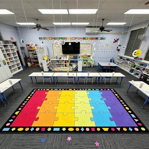 Image of Booooom Jackson Classroom Rug Rainbow - 7.5 ft x 13 ft, Seats 24, Vibrant Colors, Non-Slip Nylon Floor Mat for Daycare Preschool Kindergarten