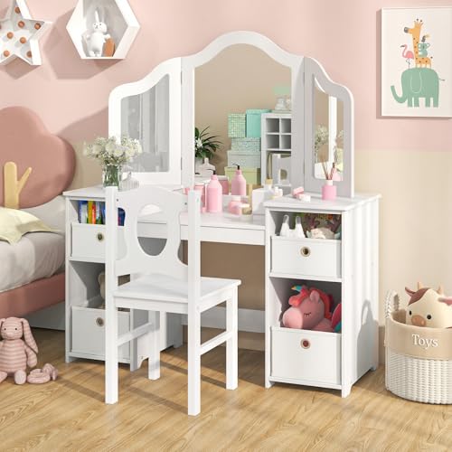 Image of INFANS Kids Vanity, 2 in 1 Princess Makeup Desk & Chair Set with Tri-Folding Detachable Mirror, Large Storage Shelves, Wooden Pretend Play Dressing Table for Girls (Cream White)