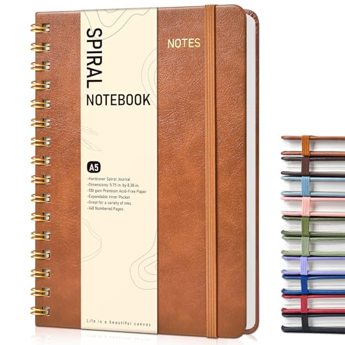 Graph Spiral Journal Notebook, A5 Hardcover Spiral Journals for Women Men, 100 GSM Graph Paper Notebooks, 150 Pages Spiral Bound Grid Notebook for Writing Note Taking Work 5.75" x 8.38", Brown