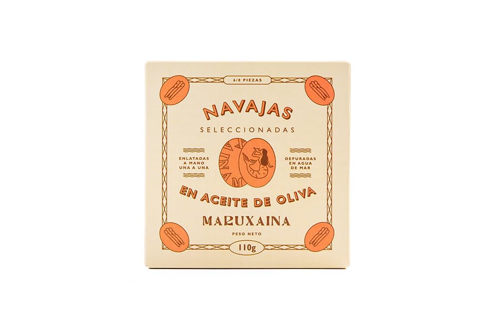 Maruxaina. Razor Clams in Spanish Olive Oil. 6/8 pieces. 110g (3.88oz). Pack of 12.