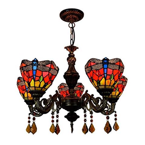 Ceiling Pendant Light Fixture 24" Tiffany Chandelier 5 Heads Red Glass Dragonfly Pendant Lamp Restaurant Hanging Light Cafe Bar Living Room Hanging Light Cover