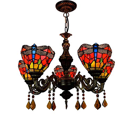 Deckenleuchte-Leuchte 24 Zoll Tiffany-Leuchter 5 Köpfe Red Glass Dragonfly Pendelleuchte Restaurant Hängeleuchte Cafe Bar Wohnzimmer Hängeleuchte Cover