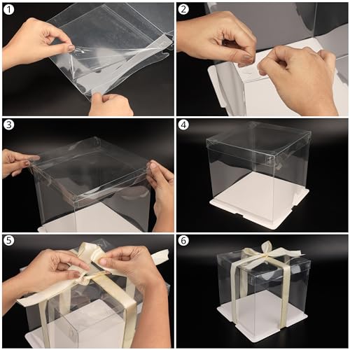 BELLE VOUS 2 Pack of Clear Plastic Cake Boxes with Boards & Ribbon, 21 x 21 x 20cm/8.26 x 8.26 x 7.87 Inches - Image 4