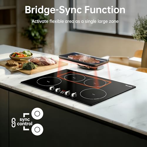 Image of 30 Inch Induction Cooktop 7800W, Weceleh 10 Levels Electric Cooktop with 4 BOOST Burners, Bulid-in Induction Stove Top, Bridge-Sync, Safety Lock, Timer, Knob Control, No Plug, 220-240V