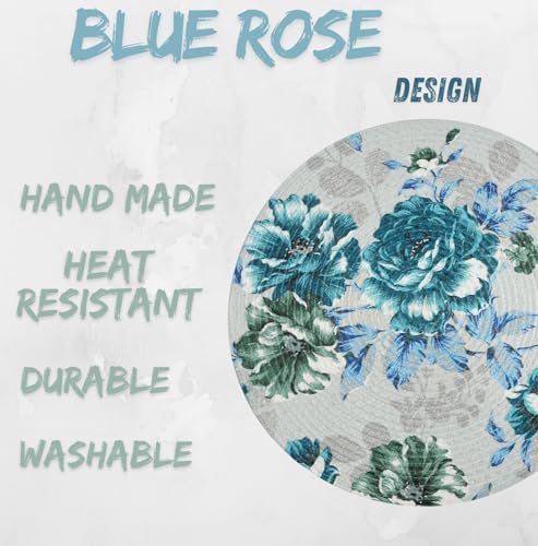 Image of LaVichitra Cotton Table Placemat | Dining Table Mat | Bed Side Table Mat | Cotton Round Shape Placemats | Washable PlaceMat for Shelves & Plant Pots - Pack of 4, Blue Rose