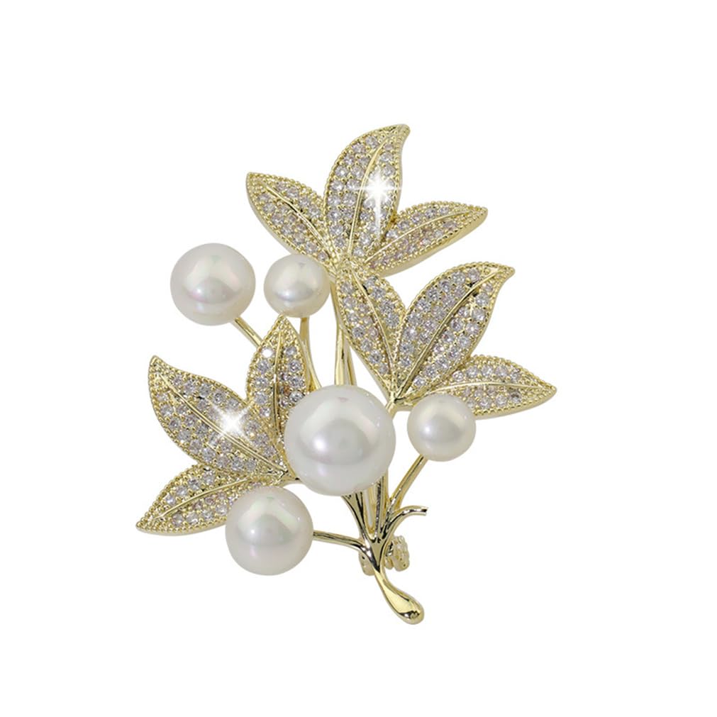 Pearl Brooch, Rhinestone Leaf Brooch, Elegant Flower Brooch Pin for Women and Men, Wedding Parties, Crystal Pearl Fabric Flower Collar Pin, Formal
