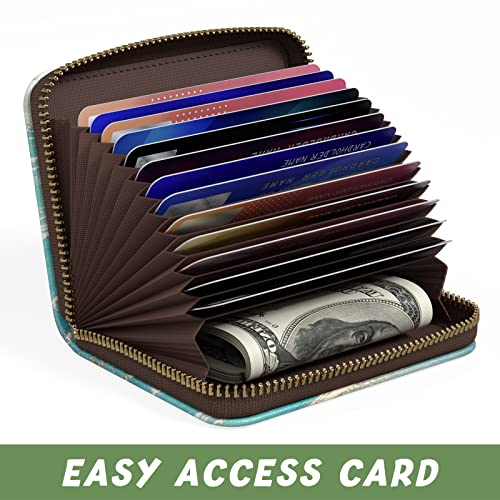 Image of Aiawoxc Credit Card Holder for Women, Small RFID Wallet Slim Leather Card Organizer Case with Zipper and Keychain, Cyan Marble