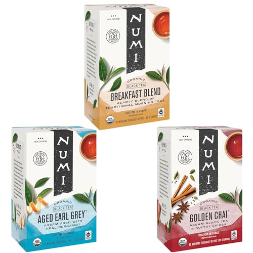Numi Organic Black Tea Variety, 18 Tea Bags (Pack of 3), Breakfast Blend, Aged Earl Grey & Golden Chai (Packaging May Vary)