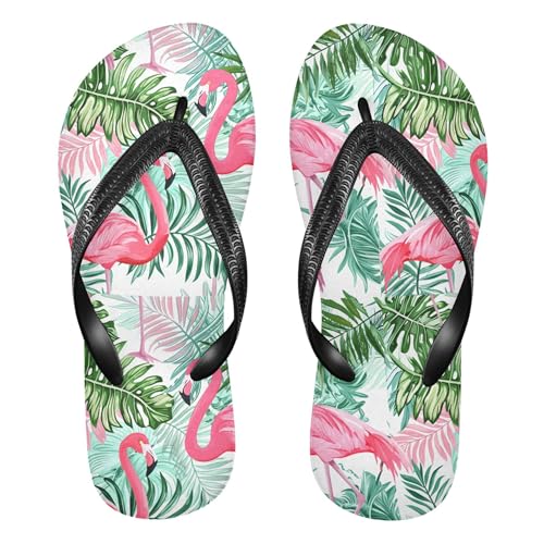 Burbuja Flamingos Green Leaves Flip Flops for Women Men, Soft Thong Sandals Rubber Slippers for Pool Beach Essentials