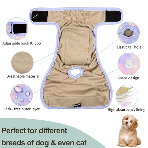 Image of 3 Pack Female Dog Diapers - Reusable Diapers for Doggie in Heat - Highly Absorbent Dog Diapers Female for Pet Incontinence with Adjustable Snaps (Tie Dye, S)