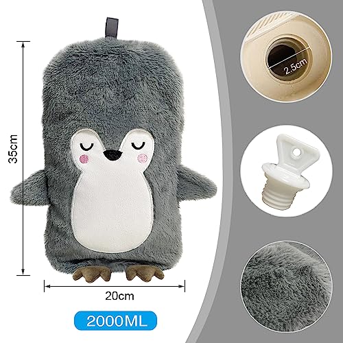 Wärmflasche mit Bezug 2 Liter, Wärmflaschen Tier Groß, Wärmflasche Kinder Pinguin, Wärmeflasche mit Kuschelig Flauschig Kunstpelz Bezug, Handwärmer Silikon Weichem für Hand Fuß Körper Warmhalten