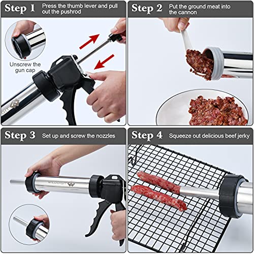 Image of Professional Beef Jerky Gun Kits, Stainless Steel Jerky Maker, Jerky Cannon, Meat Gun with 5 Stainless Nozzles and 5 Brushes