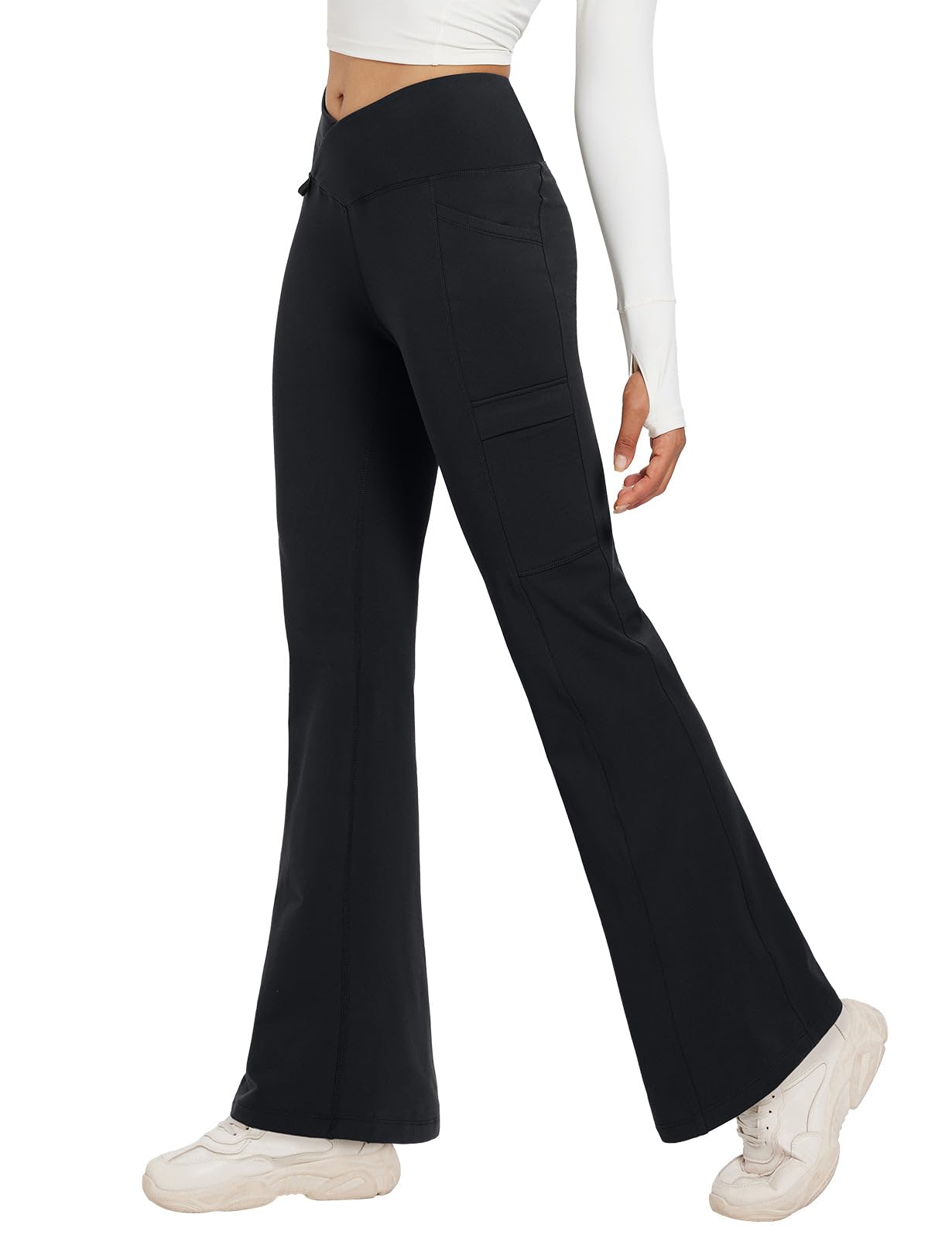 BALEAF Pantalones de invierno con forro polar para mujer, térmicos, cálidos, acampanados, pantalones de yoga cruzados, parte inferior acampanada con bolsillos | Cintura cruzada en V, 2 bolsillos laterales, forro polar suave, no transparente, adecuado para