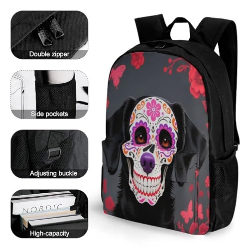 Rucksack Anti-Theft Multipurpose Big Capacity Carry On Bag - Sugar Skull Style Dog Art Traveling & Camping Backpack With Side Pockets3