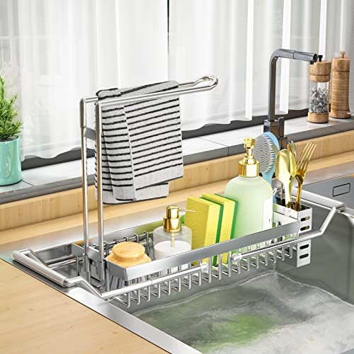 Bandeja de fregadero de cocina, soporte de esponja para fregadero de cocina, estante organizador de cepillo de esponja, expandible (16.7 a 21.2 pulgadas), acero inoxidable inoxidable (plata) Cover