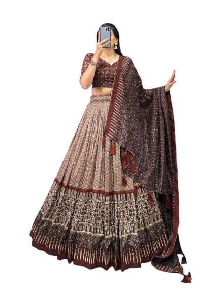 Women Designer Lehenga Choli Set Tussar Silk Ethnic Wear with Printed Foil Work Semi Stitched Lehenga Unstitched Blouse and Dupatta for Wedding Festive Navratri Party-image-21