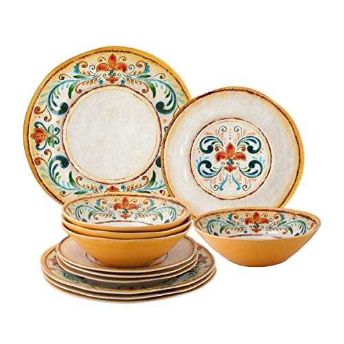 Gourmet Art 12-Piece Tuscany Heavyweight and Durable Melamine Dinnerware Set, Service for 4. Includes Dinner Plates, Salad Plates and Bowls. for Indoors Outdoors Use and Everyday Use.