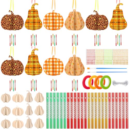 95 Pcs Crafts Set DIY 3D Wooden Pumpkin Wind Chime Kit Make Your Own Fall Wind Chime with Pumpkin Cutouts Tube Pen for Harvest Party Tray Decor Room Party Decorations