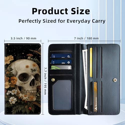 Womens Wallet,RFID Blocking Credit Card Slim Thin Holder,Long Bifold PU Leather Card Organizer,Cash Clutch Billfold Pocket Ladies Minimalist Travel Wallets,Flowers Skulls3