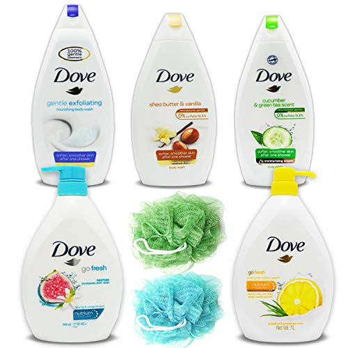 Dove Body Wash Variety Pack: Cucumber And Green Tea & Shea Butter And Vanilla & Gentle Exfoliating & Blue Fig And Orange Blossom & Grapefruit And Lemongrass Pump Liquid Bodywash For Women & 2 loofah