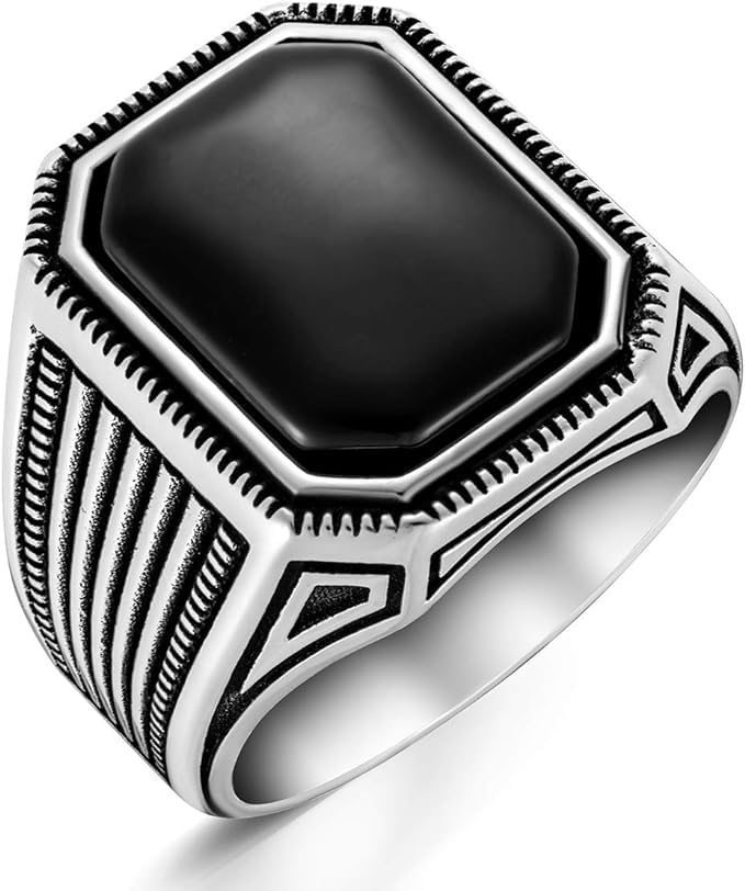 Anello in Onice Nera, Ametista e Argento 925 - Anelli Onice Nera Anello in Onice Nera, Ametista e Argento 925 - Anelli Onice Nera