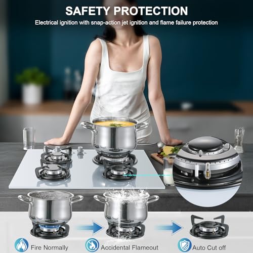 Gas Hob 4 Burners, TopStrong Built-in White Gas Hob 60cm with Flame Out Protection, LPG/NG Compatible, Enamelled Pan Supports & Easy Clean Surface, Glass, 8060W - Image 3