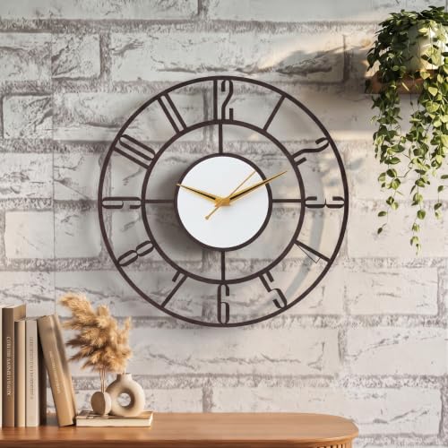 Image of Modern Mid-Century Metal Wall Clock for Living Room | Silent Sweep Movement | Large English Numeral Cut-Out Design | Gold & Black Needles | Powder-Coated Durable Frame | Antique Copper 18 Inch