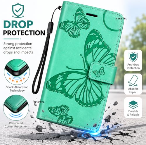 Image of TELETEL Butterfly Magnetic Closure Wallet Card Holder Flip Case for Vivo V50 5G|Mobile Cover|Back Flip Cover - Sea Green