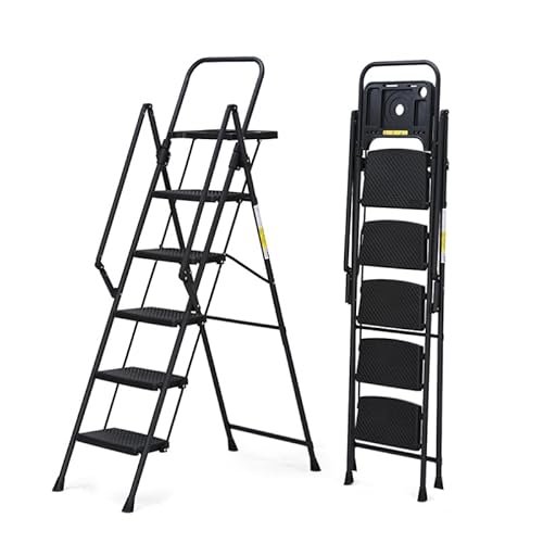 5 Step Ladder, Folding Step Stool with Tool Platform, Wide Anti-Slip Pedals, Sturdy Steel Ladder, Convenient handrails, Lightweight Portable Steel Step Stool for Painting Home Outdoor Garage (Black)
