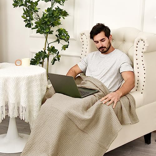 Image of PHF 100% Cotton Waffle Throw Blanket Lightweight Breathable, Simply Taupe