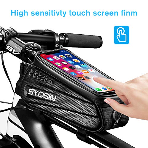 SYOSIN Bike Phone Front Frame Bag,Waterproof Bicycle Phone Mount Bag with Touch Screen Rain Cover Large Capacity Phone Case Compatible with iPhone 7 8 Plus xs max for Below 6.5 inches